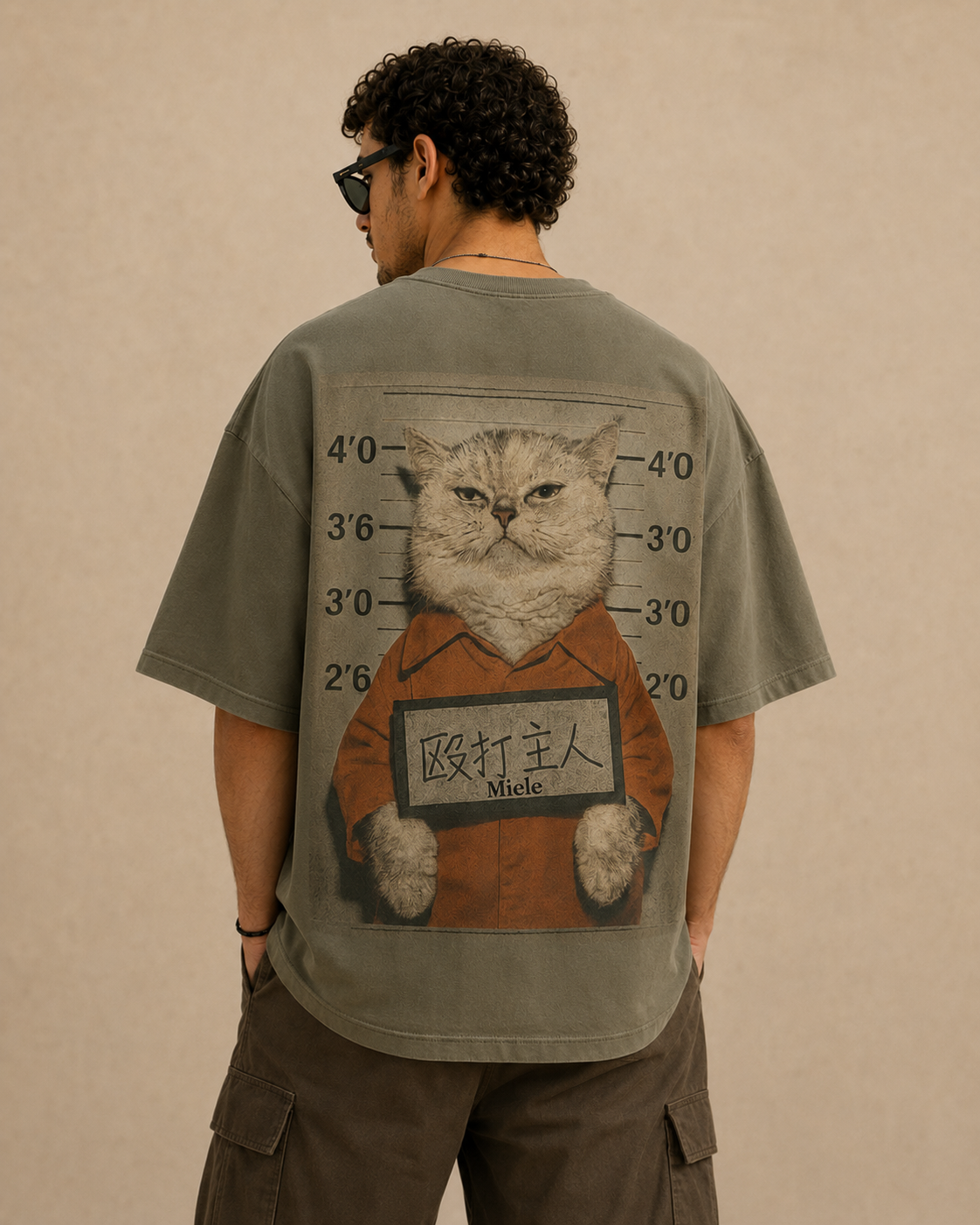 T-shirt Oversize Kaki "Mugshot Cat"